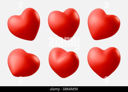 Ensemble d'icône de coeurs 3D réalistes rouges dans différents angles. Illustration vectorielle Valentines Love symbole Illustration de Vecteur