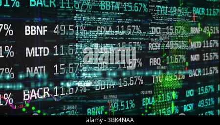 Affichage des indices boursiers et des pourcentages sur l'écran de l'ordinateur du bureau de trading, montrant un graphique en ligne violette Banque D'Images