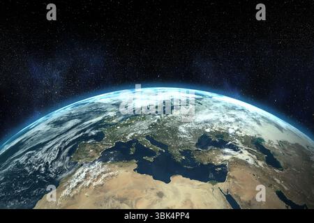 La Terre flotte dans un design plat, montrant Méditerranée, couverture nuageuse, lueur atmosphérique, espace de copie Banque D'Images