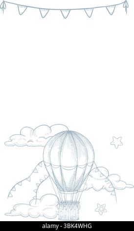 Illustration vectorielle verticale d'un ballon d'air chaud vintage parmi les nuages et les guirlandes. Dessin linéaire de Airship vintage avec des étoiles pour des affiches de bébé dans des couleurs bleu pastel. Esquisse art de rétro Aerostat. Illustration de Vecteur
