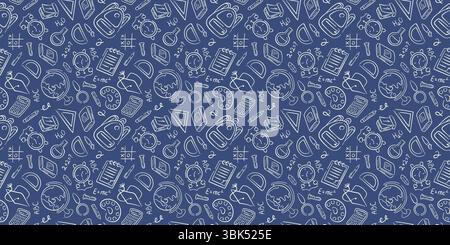 Modèle de doodle scolaire sans couture avec des éléments éducatifs, crayon de livres, globe, horloge et sac à dos sur fond bleu. Parfait pour l'apprentissage et les enfants Illustration de Vecteur