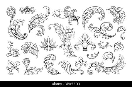 Ensemble de décorations fleuries. Cadre à motif filigrane, bordure florale victorienne avec des éléments floraux ornés. Tourbillons décoratifs. Graphismes de conception de mariage isolés. Calligraphie botanique. Motif baroque vectoriel Illustration de Vecteur