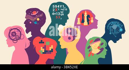 Personne autiste. L'état d'esprit cérébral du TDAH. Profil neurologique. Silhouette de couleur de tête humaine. Talents créatifs. Esprit typique. Pensée rationnelle et logique. Personnalité mentale. Concept de psychologie vectorielle Illustration de Vecteur