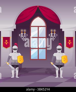 Château médiéval. Intérieur de la salle royale. Fenêtre et rideaux rouges. Gardes chevaliers avec armure et épées. couloir historique du donjon. Chandelier sur le mur de pierre. Architecture forteresse. Scène de Royaume vectoriel Illustration de Vecteur
