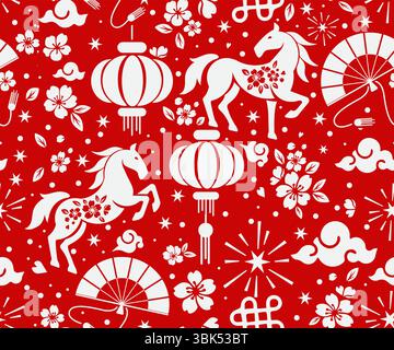 Modèle sans couture heureux nouvel an chinois 2026 le signe du zodiaque cheval avec le style de coupe de papier d'éléments asiatiques sur fond de couleur. Illustration de Vecteur
