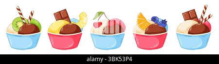 Ensemble coloré de cuillère à crème glacée de dessin animé dans une tasse avec des fruits et des baies isolés sur fond blanc. Kiwi, orange, bleuet cerise, bâtonnet de gaufrette Illustration de Vecteur
