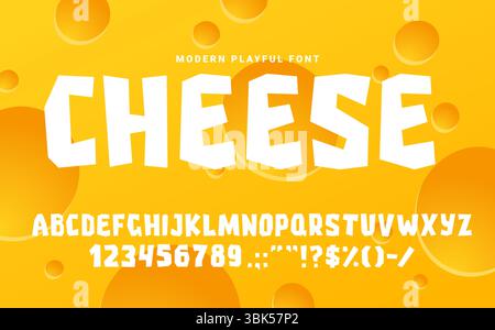 Police Cheese Rough fun, type de découpe, alphabet anglais de dessin animé, police de caractères snack food. Personnages de typographie vectorielle, drôles d'enfants ludiques abc typés lettres, chiffres et signes avec des formes irrégulières hachées Illustration de Vecteur
