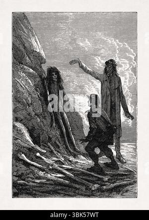 Illustration d'Édouard Riou représentant le professeur Lidenbrock découvrant un fossile humain entouré d'os préhistoriques du livre 'voyage vers le C. Banque D'Images