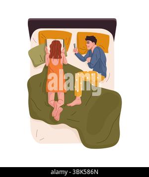 Couple dans le lit couché dans le lit l'un lisant un livre et l'autre utilisant un téléphone. Scène plate vectorielle représentant la détente du soir, le lien relationnel et le style de vie numérique dans un environnement domestique moderne Illustration de Vecteur