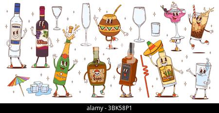 Rétro hippie groovy boisson et personnages de boisson avec des bouteilles et des verres joyeux personnages vectoriels. Vodka groovy psychédélique, vin, whisky et boissons de rhum, eau drôle, café à bulles et cocktail Illustration de Vecteur