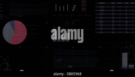 Affichage du tableau de bord sur une interface utilisateur sombre, avec secteurs, graphiques à barres et lignes, histogramme, tableau de données et quadrillage Banque D'Images