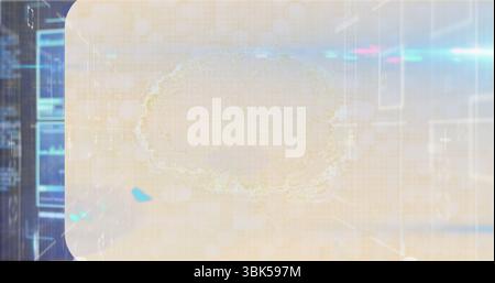 Affichage du panneau translucide planant sur l'interface hex-grid, avec des formes d'onde néon, des barres et des bokeh Banque D'Images