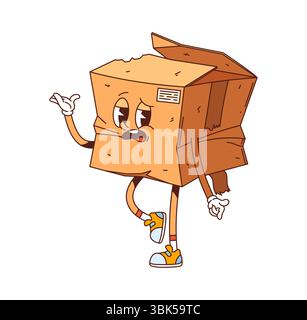 Personnage de boîte en carton de livraison endommagé de dessin animé groovy. Vecteur rétro froissé, cassé, écrasé ou déchiré paquet de livraison de fret Hippie y2k personnage avec expression malheureuse représente des erreurs d'expédition Illustration de Vecteur