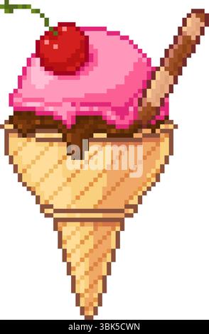Cornet de crème glacée Pixel art avec cuillères roses et chocolat, garniture de cerise et bâtonnet de gaufrette. Design mignon et rétro dans un style de dessert d'été amusant. Vecteur Illustration de Vecteur