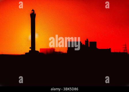 Coucher de soleil à Dungeness, Kent, Angleterre : le phare des années 1960 (à gauche), deux centrales nucléaires redondantes (au centre gauche et au centre droit), et le phare édouardien de 1904 (derrière la centrale à droite) qui utilisait une lampe à paraffine. Illustration numérique texturée à partir d'une photographie originale. Banque D'Images