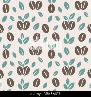 Motif sans couture vectoriel avec des grains de café stylisés et des feuilles vertes. Illustration de Vecteur