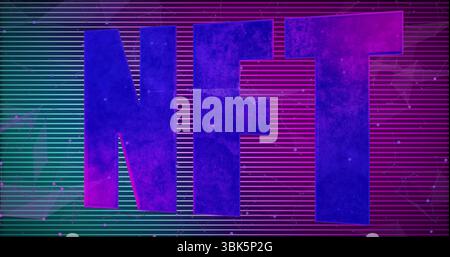 Avec des lettres NFT surdimensionnées qui brillent sur fond numérique, avec des lignes de néon et des nœuds lumineux Banque D'Images