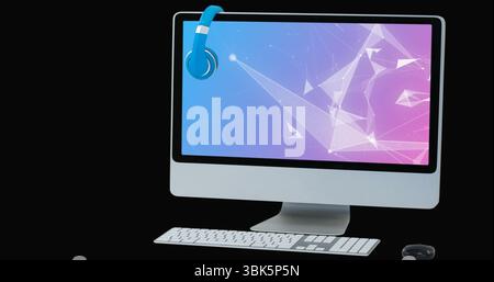 Moniteur affichant le réseau de gradient sur le bureau de studio, avec casque bleu, clavier et souris Banque D'Images