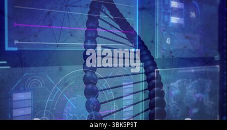 Double hélice d'ADN flottant dérivant en laboratoire virtuel, avec graphique linéaire sur écrans holographiques Banque D'Images