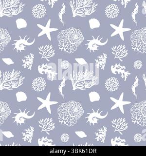 Coquille sans couture et motif de corail sur fond bleu Illustration de Vecteur