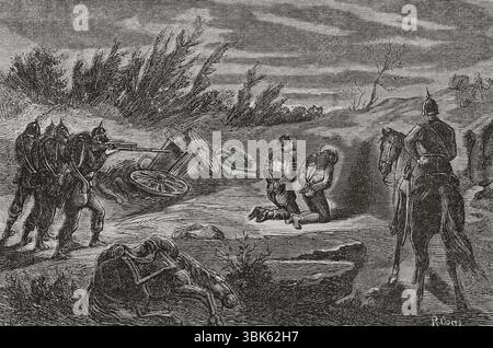 Guerre franco-prussienne (1870-1871). Exécution nocturne de deux hommes, pris la main dans le sac, maraudant un camp prussien. Gravure de Ribas. Historia de la Guerra de Francia y Prusia (histoire de la guerre entre la France et la Prusse). Volume I. publié à Barcelone, 1870. Banque D'Images