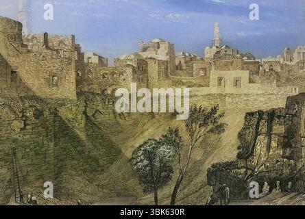 Jérusalem. Vue depuis St Stephen's Gate, traditionnellement connue sous le nom de piscine de Bethesda. Gravure par Emile Rouargue. Coloration ultérieure. 'La Tierra Santa y los lugares recorridos por los profetas, por los apostoles y por los cruzados' (Terre Sainte et lieux traversés par les prophètes, les apôtres et les croisés). Publié à Barcelone par l'imprimerie Joaquin Verdaguer, 1840. Banque D'Images