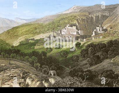 Nazareth. Vue générale de la ville. Gravure par Aubert. Coloration ultérieure. 'La Tierra Santa y los lugares recorridos por los profetas, por los apostoles y por los cruzados' (Terre Sainte et lieux traversés par les prophètes, les apôtres et les croisés). Publié à Barcelone par l'imprimerie Joaquin Verdaguer, 1840. Banque D'Images