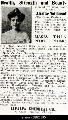 1908 Alfalfa nutriment print ad ; texte : santé, force et beauté garanties par l'utilisation de l'Alfalfa nutriment de Robinson (la découverte alimentaire du nouveau siècle). Pour enlever l'âge des vieux et infirmes et restaurer la floraison et la vigueur de la jeunesse. Rend les gens minces dosés, le sang riche, la chair saine, les nerfs forts - donne l'œil brillant - la joue rougeoyante - et l'étape élastique de la jeunesse... Lady agents Wanted. 25 $ par semaine ou plus facilement fait. Banque D'Images