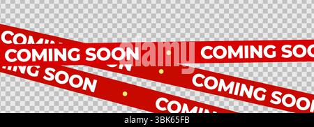 Bientôt disponible Red Banner Tape Stripe pour ouverture de boutique, lancement de soldes, avis de vente au détail, publicité de magasin, teaser de campagne, arrivée des produits, mise en page marketing. Produit Illustration de Vecteur