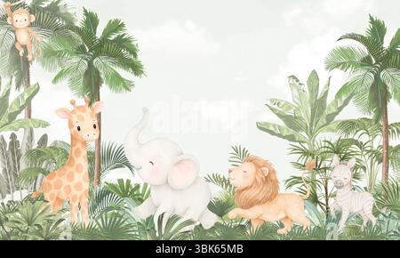 Animaux mignons de la jungle aquarelle avec feuillage tropical, illustration de pépinière Banque D'Images