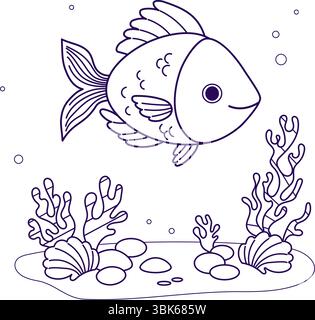 Contour poisson avec algues et corail sur les fonds marins. Dessin au trait, livre de coloriage. Illustration vectorielle. Collection enfants Illustration de Vecteur
