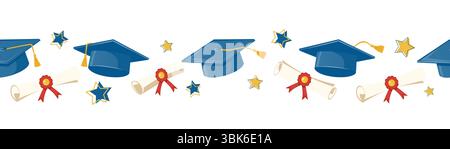 Casquettes de graduation, diplômes avec rubans rouges et étoiles décoratives dans un motif horizontal sans couture. Concept d'éducation et de célébration. Vecteur de dessin animé Illustration de Vecteur
