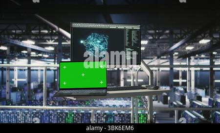 Ordinateur portable à écran isolé à côté de l'affichage élevé de la station de contrôle du centre de données industriel montrant la visualisation IA. Ordinateur portable Chroma Key dans une batterie de serveurs affichant les diagnostics du réseau neuronal Banque D'Images