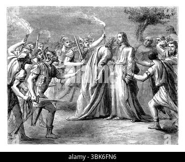 Illustration du 'baiser de Judas' dans le jardin de Gethsémané de l'antique 19ème siècle la Sainte Bible contenant l'ancien et le Nouveau Testament avec Expla Banque D'Images