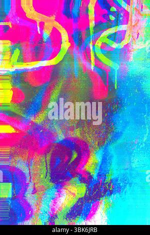 Funky Glitch Art en bleu néon, rose, jaune pour Y2K, esthétique des années 90 Banque D'Images