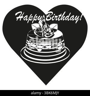 Icône de gâteau d'anniversaire. Texte joyeux anniversaire. Forme de coeur noir. Vecteur dessert festif. Illustration de Vecteur