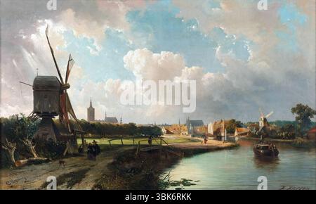 Peinture à l'huile sur toile d'une vue de la Haye depuis le Delftsee Vaart canal Delft dans la scène paysagère néerlandaise du XVIIe siècle peinte en 1852 par Cornelis Springer art illustration Banque D'Images