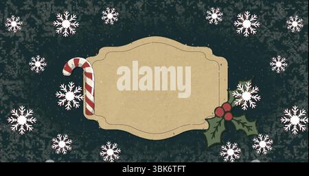Panneau d'étiquette beige orné sur un terrain vert foncé, avec flocons de neige, canne de bonbon et brin de houx Banque D'Images