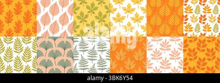 Ensemble de motifs sans couture floral abstrait simple avec des feuilles d'automne colorées. Les feuilles sont disposées en rangées sur fond isolé, ambiance d'automne confortable. Main Illustration de Vecteur