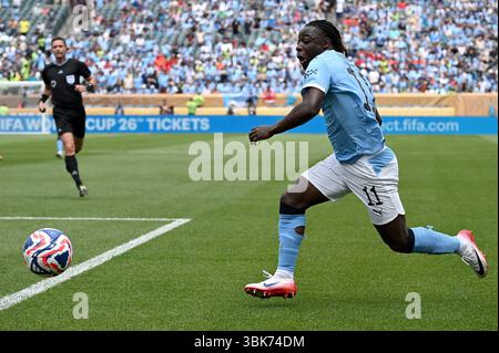 Philadelphie, États-Unis. 18 juin 2025. Jérémy Doku (11 ans) de Manchester City joue pour un but lors du match du groupe G de la Coupe du monde des clubs de la FIFA 2025 entre Manchester City FC et Wydad AC au Lincoln Financial Field à Philadelphie, PA, le 18 juin 2025. (Photo par Anthony Behar/Sipa USA) crédit : Sipa USA/Alamy Live News Banque D'Images