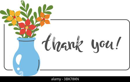 Une charmante carte de remerciement ornée d'un vase bleu orné de fleurs colorées et de feuilles vertes, parfaite pour exprimer votre gratitude de manière joyeuse et élégante Illustration de Vecteur