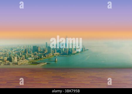 La scène de design plat montre une terrasse en bois surplombant l'eau, avec une ligne d'horizon urbaine avec une grande tour Banque D'Images