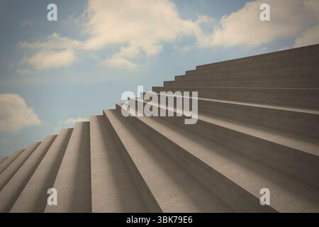 De larges escaliers en béton s'élèvent en diagonale dans un design plat, montrant un ciel bleu pâle et des nuages Banque D'Images