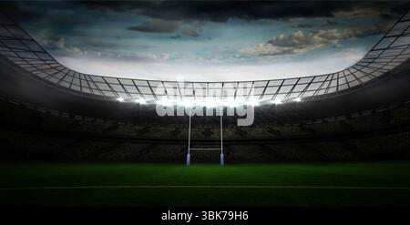 Les poteaux de but blancs de rugby avec rembourrage bleu sont debout sur le terrain dans un stade de conception plate sous les lumières Banque D'Images