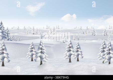 Le paysage d'hiver de conception plate montre des collines de neige roulantes et des pins sous le ciel bleu pâle Banque D'Images