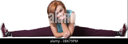 La femme effectue la fente latérale dans l'illustration plate portant un haut sarcelle, un pantalon Bordeaux, des baskets rouges Banque D'Images