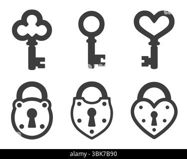 Symbole clé et icône de verrouillage défini. Clés et serrures. Silhouettes de clés antiques, trou de serrure, clé de coeur et serrure. Illustration vectorielle. Isolé sur dos blanc Illustration de Vecteur