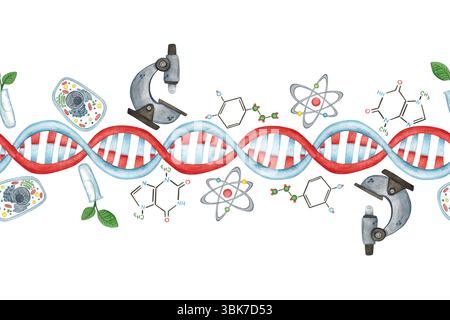 Bordure transparente de la chaîne d'ADN, microscope, cellule, formules chimiques et plantes dans le tube à essai. Illustration aquarelle dessinée à la main, dessin animé. Dessin pour Banque D'Images