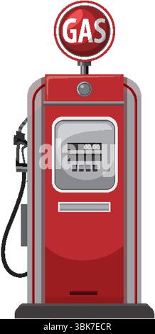 Illustration de pompe à essence rouge de style vintage avec des couleurs vives et des lignes épurées, idéal pour les designs et la publicité rétro-thématiques Illustration de Vecteur