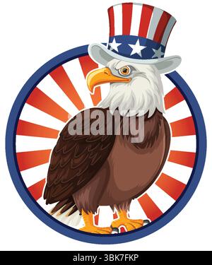 Illustration vectorielle d'un aigle chauve portant un chapeau haut de gamme étoilé, placé sur un fond de soleil rouge et blanc Illustration de Vecteur